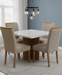 Mesa Salinas/Helô/Los Angeles 90 Cinamomo/Off White com 4 Cadeiras Safira Veludo Bege – CEL MÓVEIS + WM DECOR