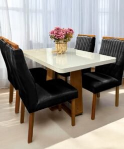 Mesa Sintonia (Tampo Maxi) 120 Amêndoa Clean/Off White com 4 Cadeiras Gênova Veludo Preto – LOPAS + ART ASSENTOS