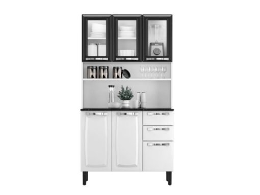 Armário Kit de Cozinha c/ Vidro 1,05m Pratika - Branco/Preto - Imagem 3