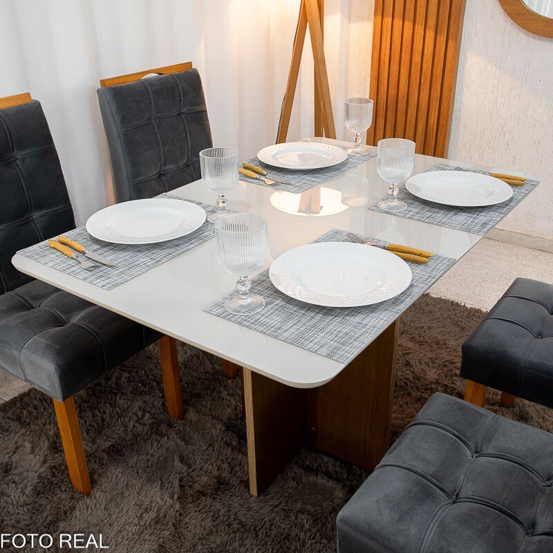 Mesa de Jantar Moscou 120x80 Vidro Off/Base Cinamomo + 4 Cad. Londres Veludo Chumbo Madeira Minas Plac - Entregue Montada - Imagem 2
