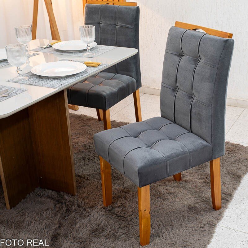 Mesa de Jantar Moscou 120x80 Vidro Off/Base Cinamomo + 4 Cad. Londres Veludo Chumbo Madeira Minas Plac - Entregue Montada - Imagem 4