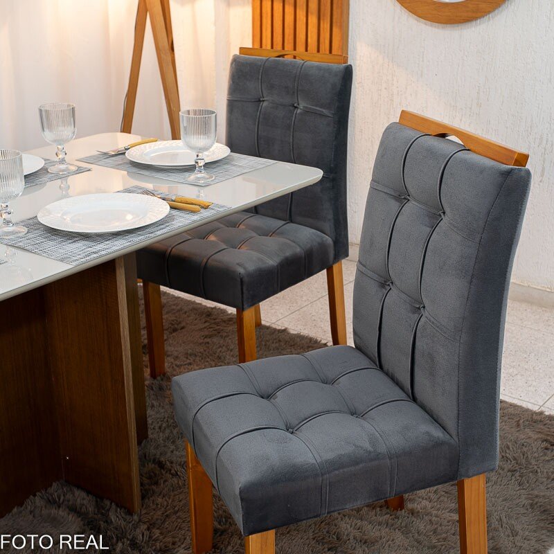 Mesa de Jantar Moscou 120x80 Vidro Off/Base Cinamomo + 4 Cad. Londres Veludo Chumbo Madeira Minas Plac - Entregue Montada - Imagem 5