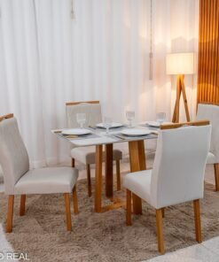 Mesa de Jantar Pedro Mel Vidro Off 120×80 4 Cadeiras Lisboa Veludo Bege 512 Madeira Maciça Art Assento - Entregue Montada