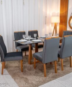 Mesa de Jantar Pedro Mel Vidro Grafite 160×80 6 Cadeiras Lisboa Veludo Cinza 507 Madeira Maciça Art Assento - Entregue Montada