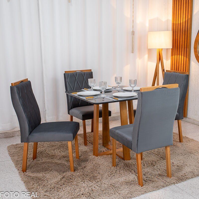 Mesa de Jantar Pedro Mel Vidro Grafite 90×90 4 Cadeiras Lisboa Veludo Grafite 507 Madeira Maciça Art Assento - Entregue Montada