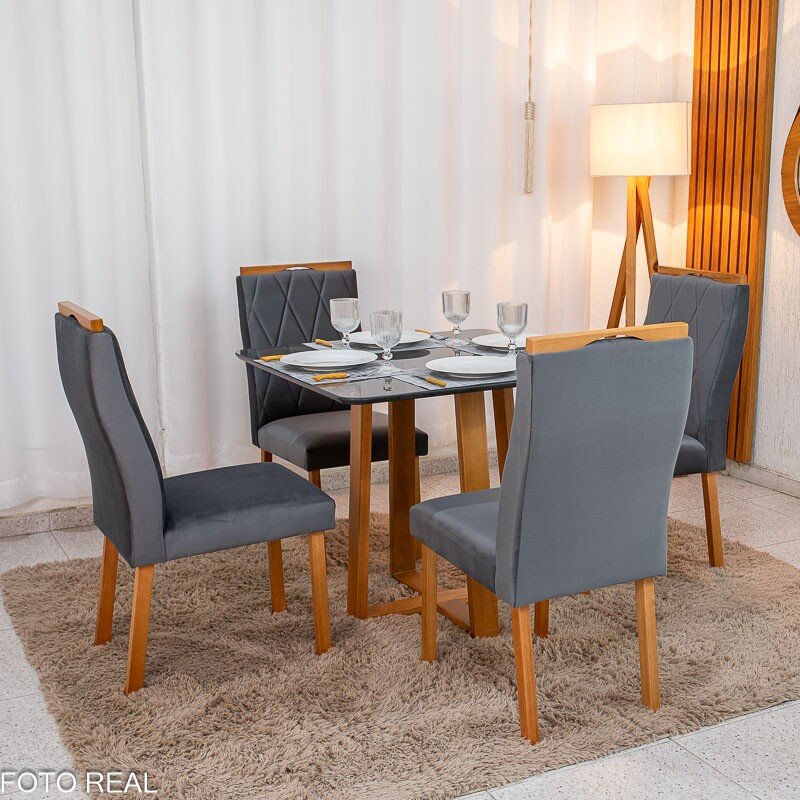 Mesa de Jantar Pedro Mel Vidro Grafite 90×90 4 Cadeiras Lisboa Veludo Grafite 507 Madeira Maciça Art Assento - Entregue Montada - Imagem 3
