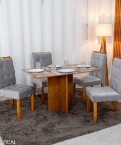 Mesa de Jantar Salina 120x80 Londres Cinamomo Cel + 4 Cad. Londres Veludo Prata Madeira Minas Plac - Entregue Montada
