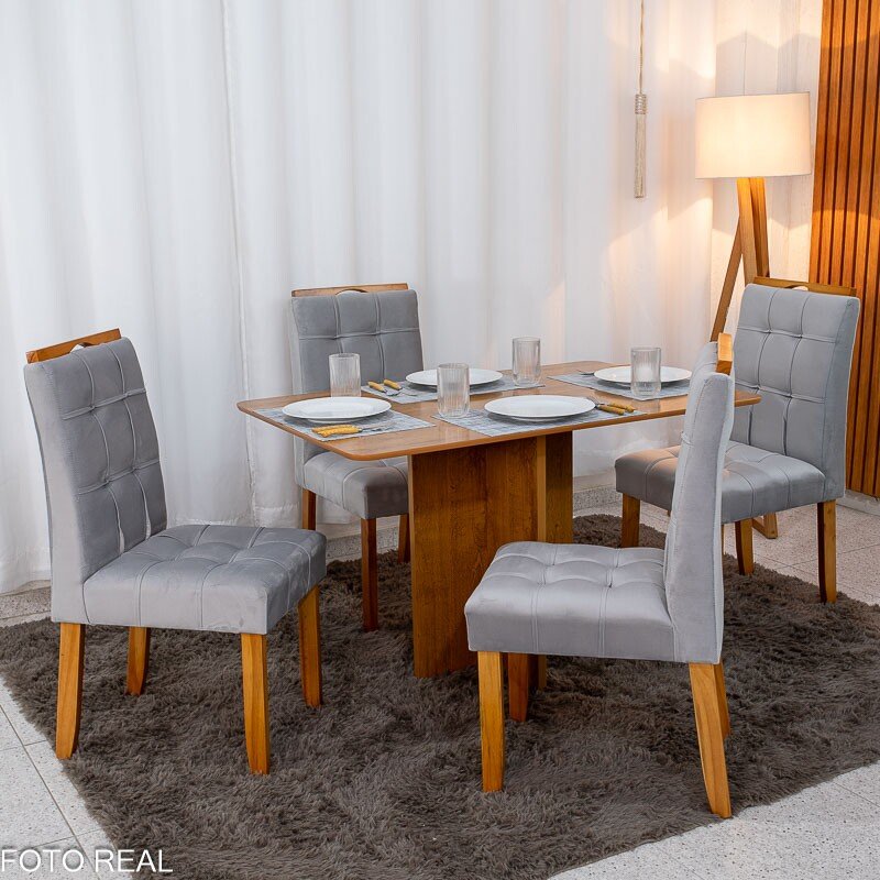 Mesa de Jantar Salina 120x80 Londres Cinamomo Cel + 4 Cad. Londres Veludo Prata Madeira Minas Plac - Entregue Montada - Imagem 2