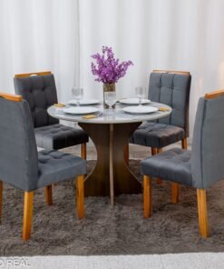 Mesa de Jantar Siena Redonda 100cm Vidro Off/Base Cinamomo + 4 Cad. Londres Veludo Chumbo Madeira Minas Plac - Entregue Montad