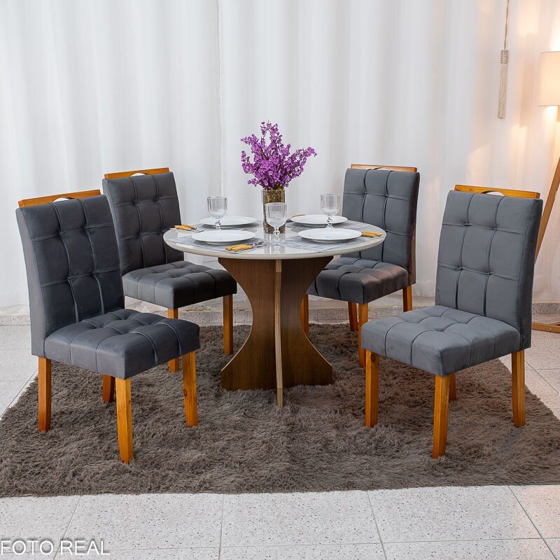 Mesa de Jantar Siena Redonda 100cm Vidro Off/Base Cinamomo + 4 Cad. Londres Veludo Chumbo Madeira Minas Plac - Entregue Montad - Imagem 4