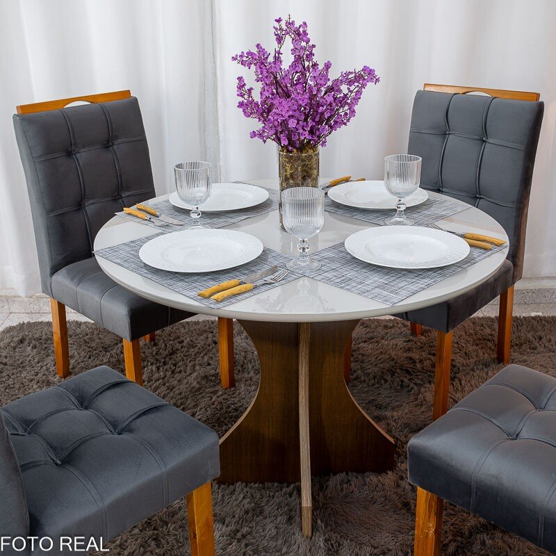 Mesa de Jantar Siena Redonda 100cm Vidro Off/Base Cinamomo + 4 Cad. Londres Veludo Chumbo Madeira Minas Plac - Entregue Montad - Imagem 2