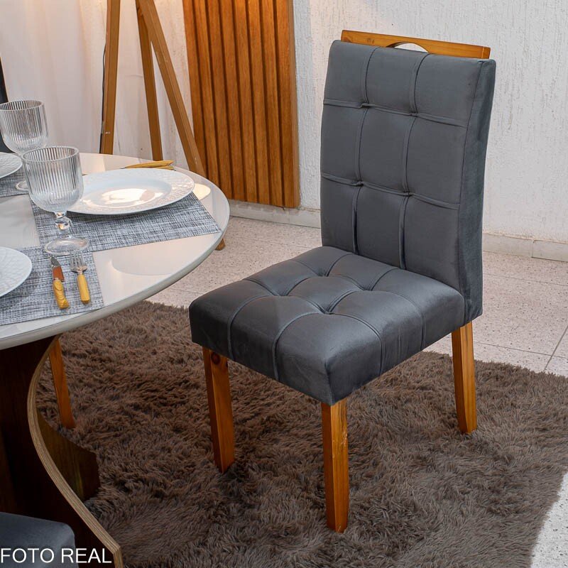 Mesa de Jantar Siena Redonda 100cm Vidro Off/Base Cinamomo + 4 Cad. Londres Veludo Chumbo Madeira Minas Plac - Entregue Montad - Imagem 5