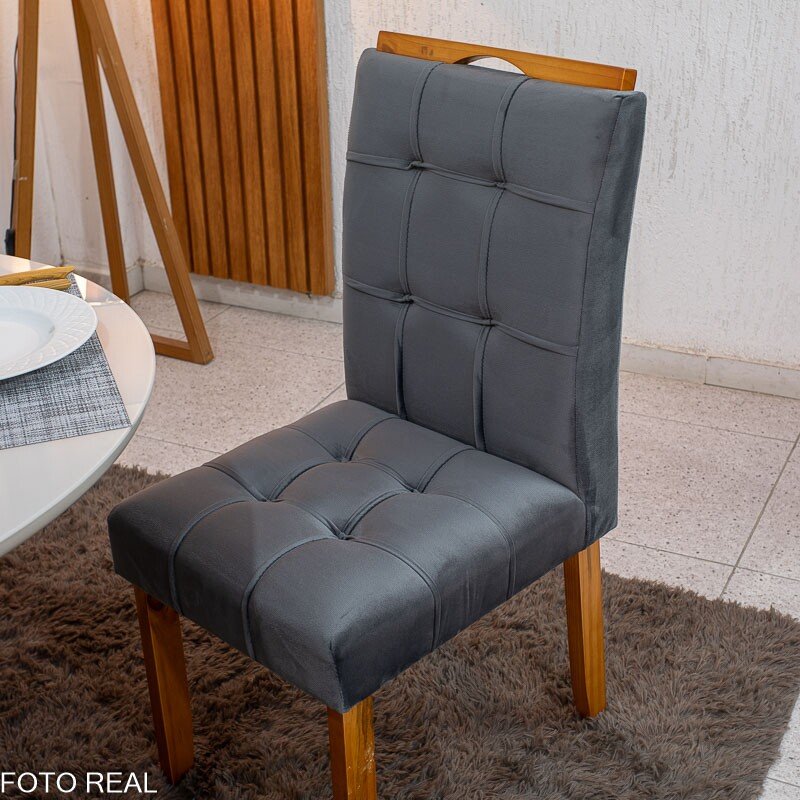 Mesa de Jantar Siena Redonda 100cm Vidro Off/Base Cinamomo + 4 Cad. Londres Veludo Chumbo Madeira Minas Plac - Entregue Montad - Imagem 6