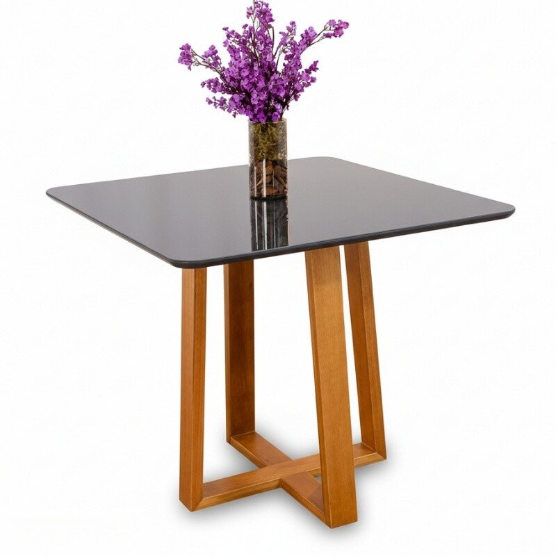 Mesa de Jantar Pedro Mel Vidro Grafite 90×90 4 Cadeiras Lisboa Veludo Grafite 507 Madeira Maciça Art Assento - Entregue Montada - Imagem 6