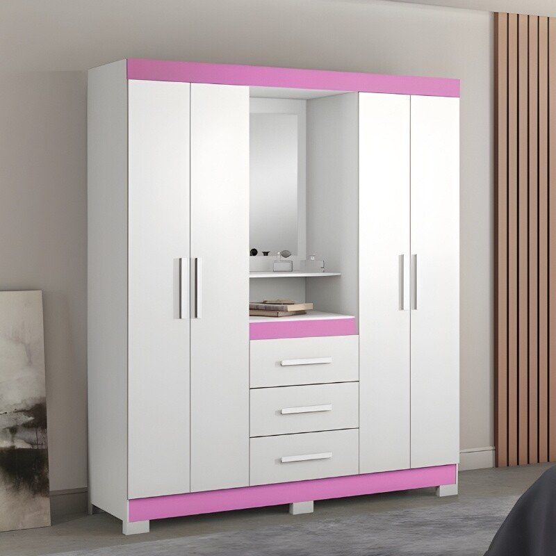 Guarda-Roupa Solteiro 4 portas NT 5015 Branco/Rosa Flex Com Pés Notável