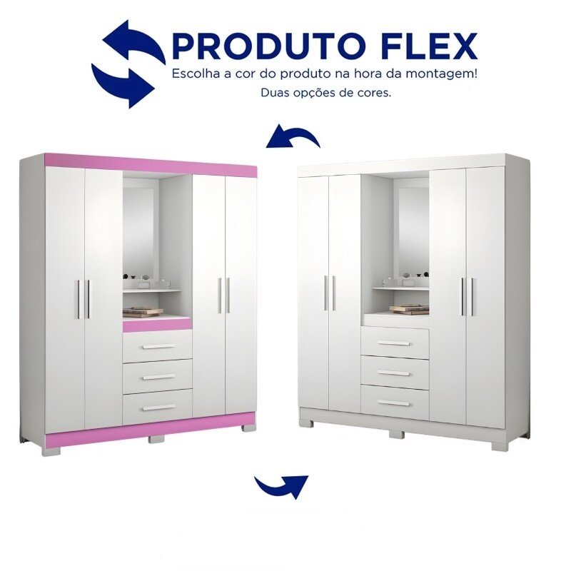 Guarda-Roupa Solteiro 4 portas NT 5015 Branco/Rosa Flex Com Pés Notável - Imagem 8