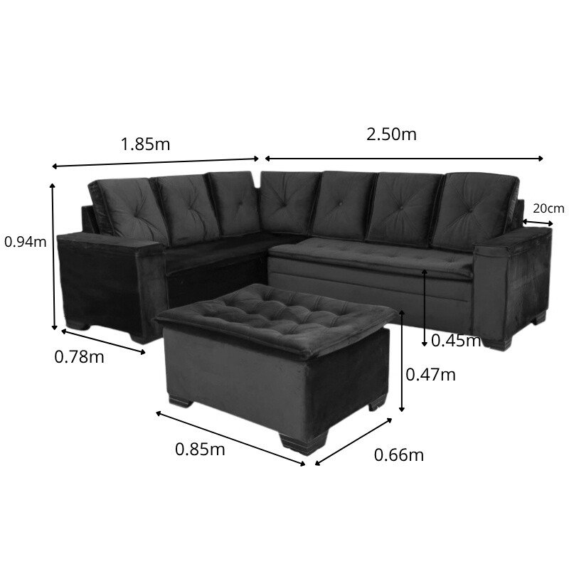 Sofá Canto 5 lugares com Puff Alemanha Veludo Azul A16 - Imagem 9