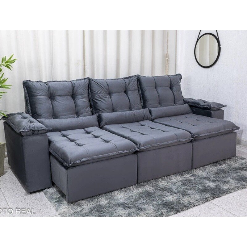 Sofá Retrátil Reclinável Grécia Veludo Cinza Larg. 2.70m - Sem Caixa
