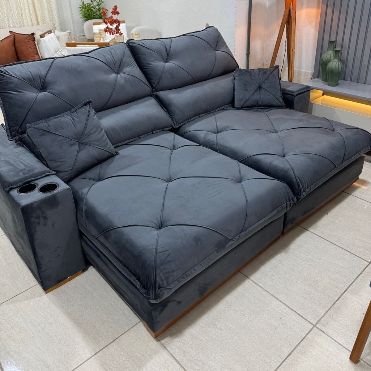 Sofá Retrátil E Reclinável Milano 2,50 M Veludo Cinza 101 - Zarat Estofados