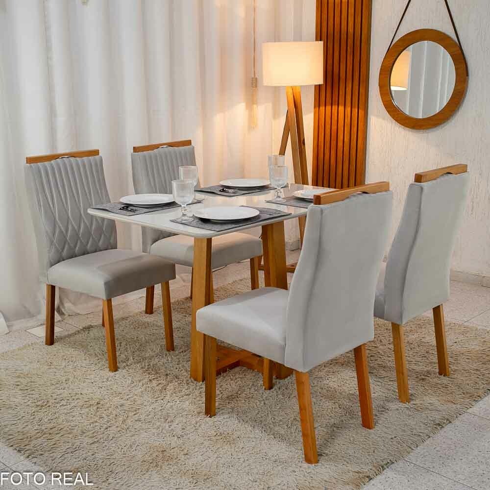 Mesa Pedro Mel Vidro OFF 120×80 4 Cadeiras Genova Veludo Prata 514 Madeira Maciça Art Assento - Entregue Montada - Imagem 3