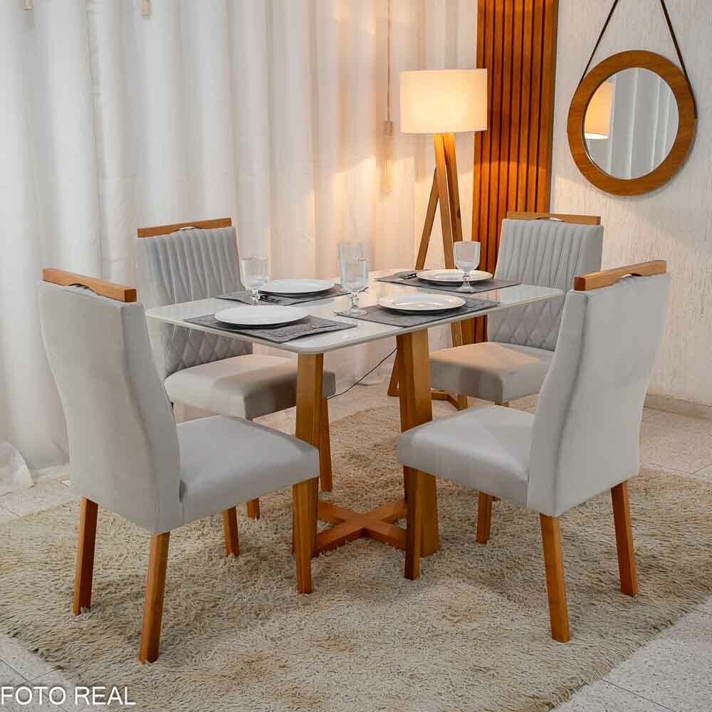 Mesa Pedro Mel Vidro OFF 120×80 4 Cadeiras Genova Veludo Prata 514 Madeira Maciça Art Assento - Entregue Montada