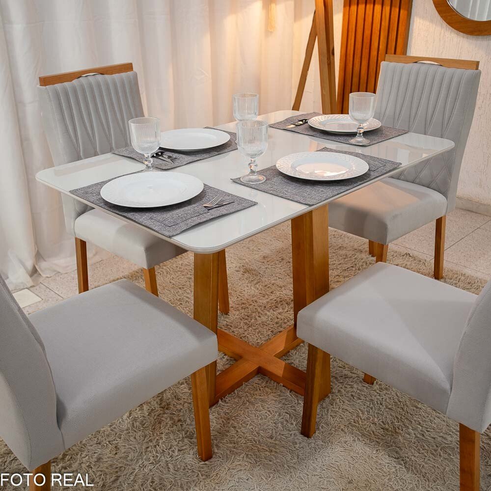 Mesa Pedro Mel Vidro OFF 120×80 4 Cadeiras Genova Veludo Prata 514 Madeira Maciça Art Assento - Entregue Montada - Imagem 2