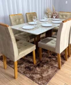 Mesa de Jantar Madri 1.60x0.80 Com 6 Cadeiras Londres - Cinamomo/Off white/Avelã