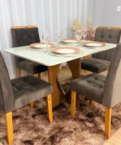 Mesa de Jantar Madri 1.20x0.80 Com 4 Cadeiras Londres - Cinamomo/Off white/Marrom Veludo