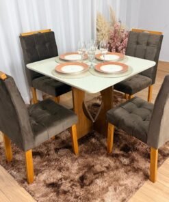 Mesa de Jantar Madri 0.90x0.90 Com 4 Cadeiras Londres - Cinamomo/Off white/Marrom Veludo