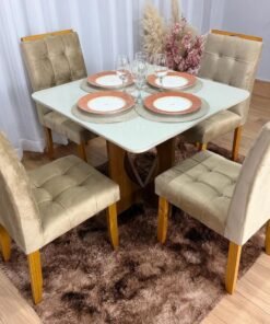 Mesa de Jantar Madri 0.90x0.90 Com 4 Cadeiras Londres - Cinamomo/Off white/Avelã