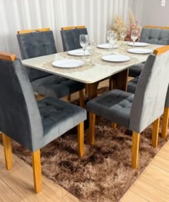 Mesa de Jantar Madri 1.60x0.80 Com 6 Cadeiras Londres - Cinamomo/Off white/Cinza Veludo