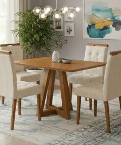Mesa Alva ME02 120 Canela com 4 Cadeiras Sophia Veludo Bege – KAPPESBERG + WM DECOR