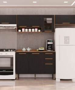 Kit 2 ArmÁrio AÉreo Geladeira + 1 ArmÁrio AÉreo Vidro FumÊ + 1 BalcÃo New ValÊncia Cinamomo/preto - SallÊto