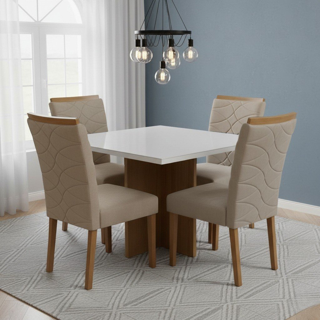 Mesa Salinas 90 Cinamomo/off White Com 4 Cadeiras Safira Veludo Bege – Cel MÓveis + Cel MÓveis