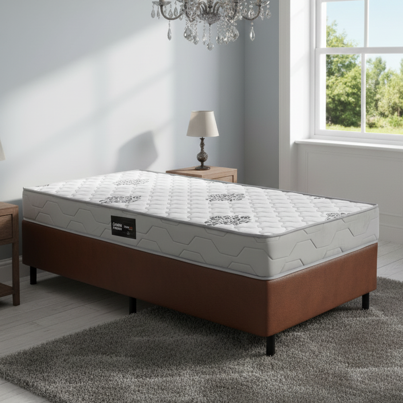 Colchão Solteiro Confort Premium D28 + Base Box Simples Corino Marrom – INOVAFLEX + BIOSTAR
