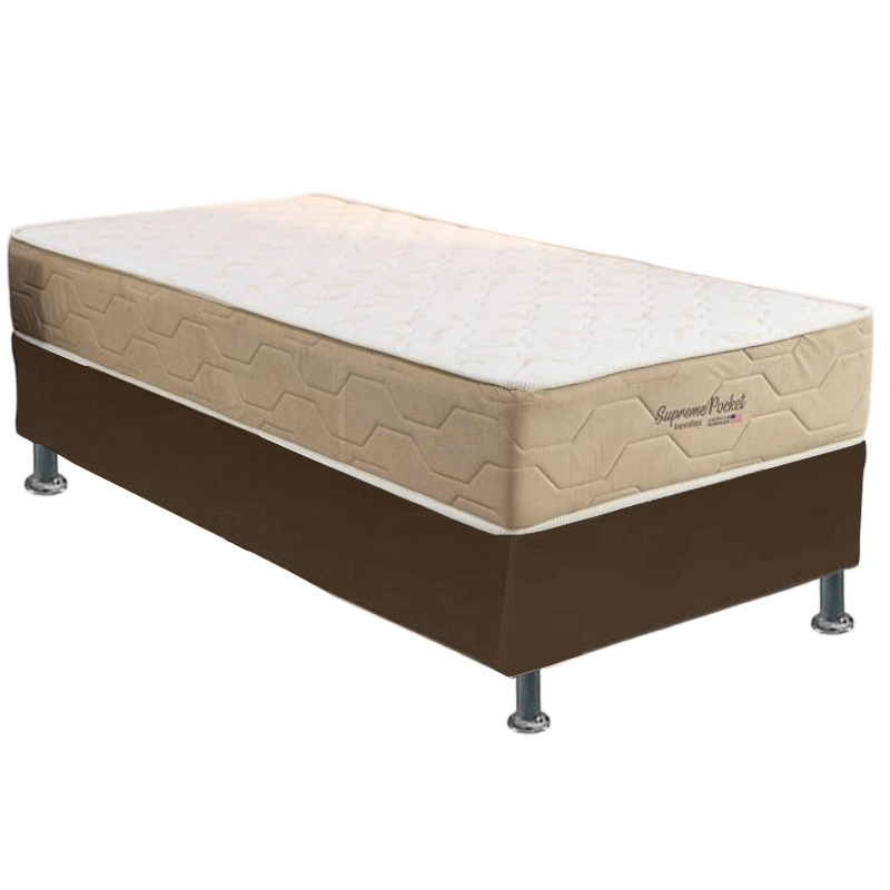 Colchão Solteiro Supreme Pocket D26 + Base Box Simples Corino Marrom – INOVAFLEX + BIOSTAR