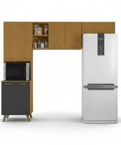 Armário Cozinha Olinda Freijó/Grafite Paneleiro + Aéreo 1.05m + Aéreo de Geladeira Ripado 3D - Poliman