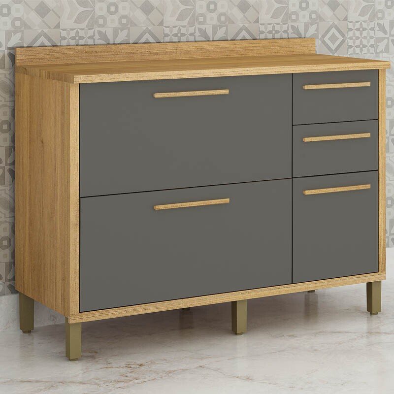 Balcão Cozinha Torino Cinamomo/Grafite 3 Portas 2 Gavetas Larg. 1.20m - Valdemoveis