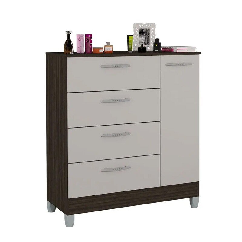 Cômoda com 1 Porta 4 Gavetas Chocolate/Off Larg. 0.86m - Poquema - Imagem 2