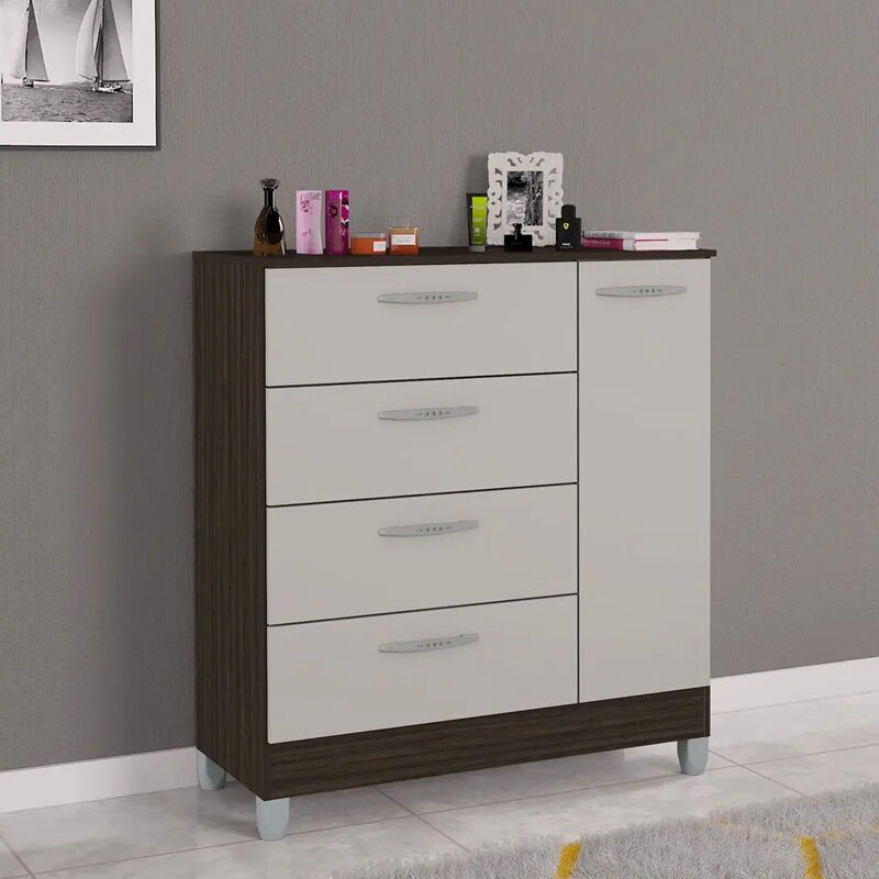 Cômoda com 1 Porta 4 Gavetas Chocolate/Off Larg. 0.86m - Poquema