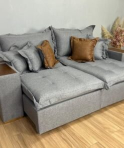 Sofá Retrátil Reclinável Gabriela 2,10m - Cinza Linho/ Marrom Courino