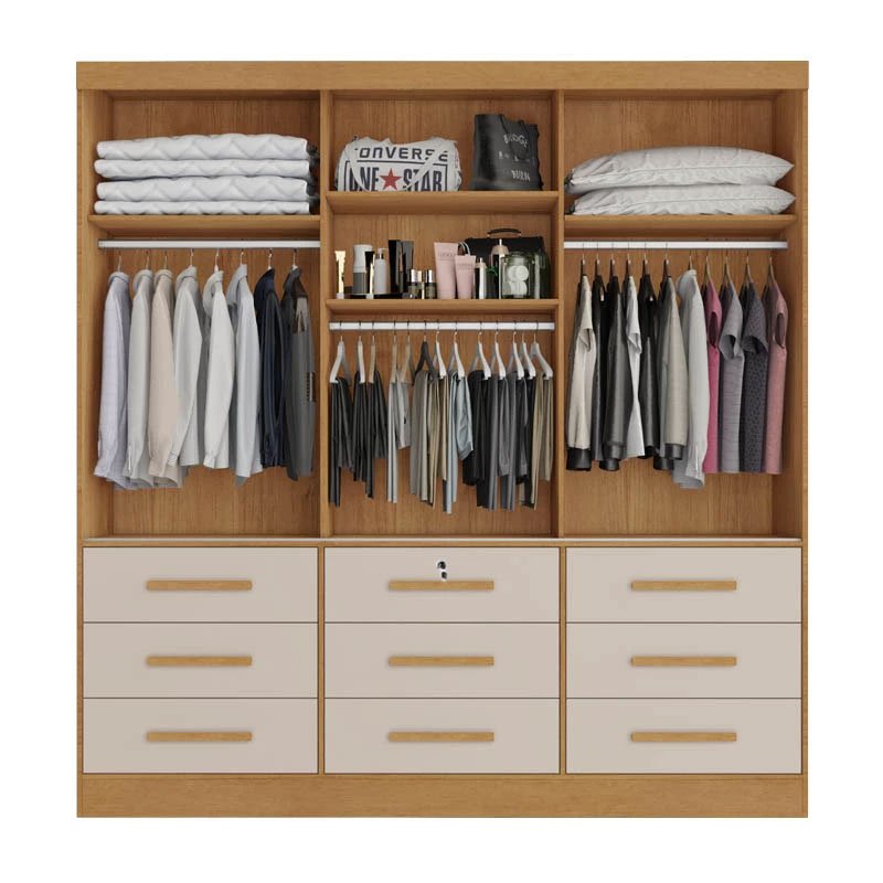 Roupeiro Casal Athenas Branco 3 Portas 9 Gavetas C/ Espelho e Pés Larg. 1.80m - Bianchi - Imagem 5