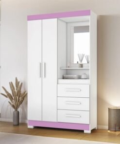 Roupeiro Solteiro NT 6020 Branco/Rosa 2 portas 3 Gavetas Flex C/Pés Larg. 1.08m - Notável