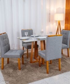 Mesa de Jantar Bali 120×80 Vidro Off/Base Madeira + 4 Cad. Londres Linho Cinza Madeira Minas Plac - Entregue Montada