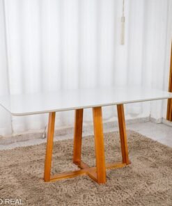 Mesa de Jantar Bali 160x80 Vidro Off/Base Madeira Minas Plac - Entregue Montada