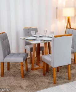 Mesa de Jantar Bali 90×90 Vidro Off/Base Madeira + 4 Cad. Londres Veludo Prata Madeira Minas Plac - Entregue Montada