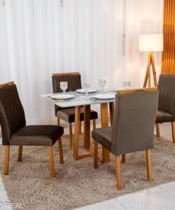 Mesa de Jantar Pedro 120×80 Mel Vidro Off + 4 Cad. Genova Veludo Marrom 509 Madeira Art Assento - Entregue Montada