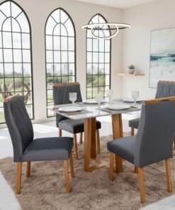 Mesa de Jantar Pedro Mel Vidro Off 120×80 4 Cadeiras Lisboa Veludo Cinza 507 Madeira Maciça Art Assento - Entregue Montada