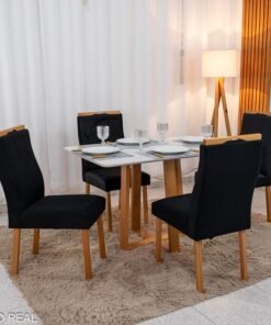 Mesa de Jantar Pedro Mel Vidro Off 120×80 4 Cadeiras Lisboa Veludo Preto 504 Madeira Maciça Art Assento - Entregue Montada