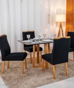 Mesa de Jantar Pedro Mel Vidro Preto 120×80 4 Cadeiras Lisboa Veludo Preto 504 Madeira Maciça Art Assento - Entregue Montada